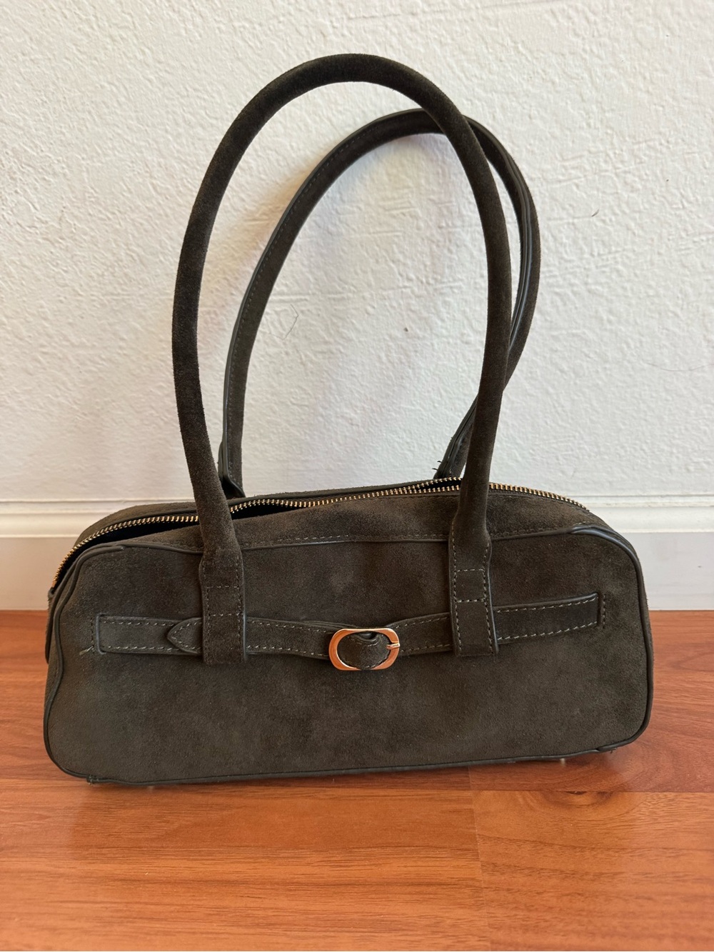Women's Olive Suede Shoulder Bag with Gold Accent